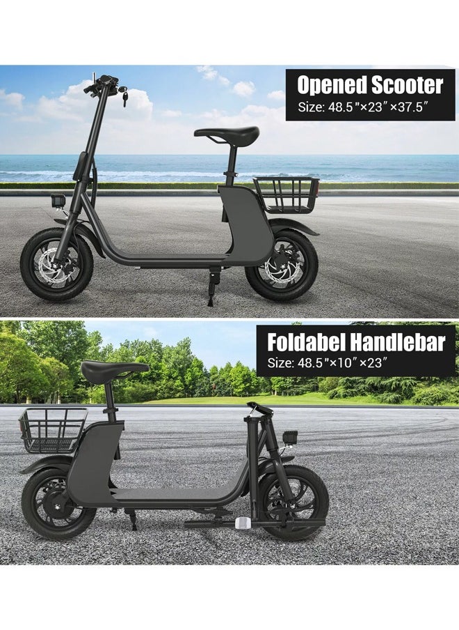 Premium Foldable Electric Scooter with Seat and Rear Basket, 450W Motor, 36V 8AH Battery, 25-35 KM/h Speed, Carbon Alloy Frame, 12.5 Inches Tires, Disk Brakes, Unisex Comfortable E-Scooter for Adults