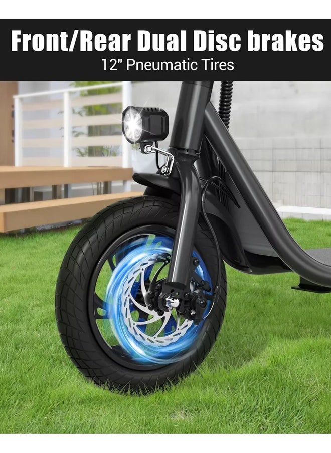 Premium Foldable Electric Scooter with Seat and Rear Basket, 450W Motor, 36V 8AH Battery, 25-35 KM/h Speed, Carbon Alloy Frame, 12.5 Inches Tires, Disk Brakes, Unisex Comfortable E-Scooter for Adults