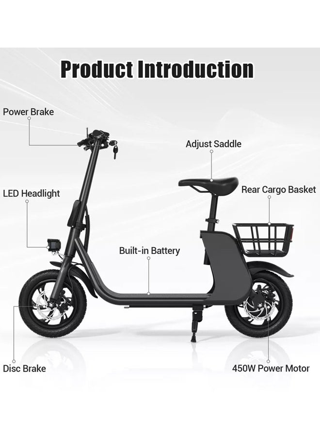 Premium Foldable Electric Scooter with Seat and Rear Basket, 450W Motor, 36V 8AH Battery, 25-35 KM/h Speed, Carbon Alloy Frame, 12.5 Inches Tires, Disk Brakes, Unisex Comfortable E-Scooter for Adults