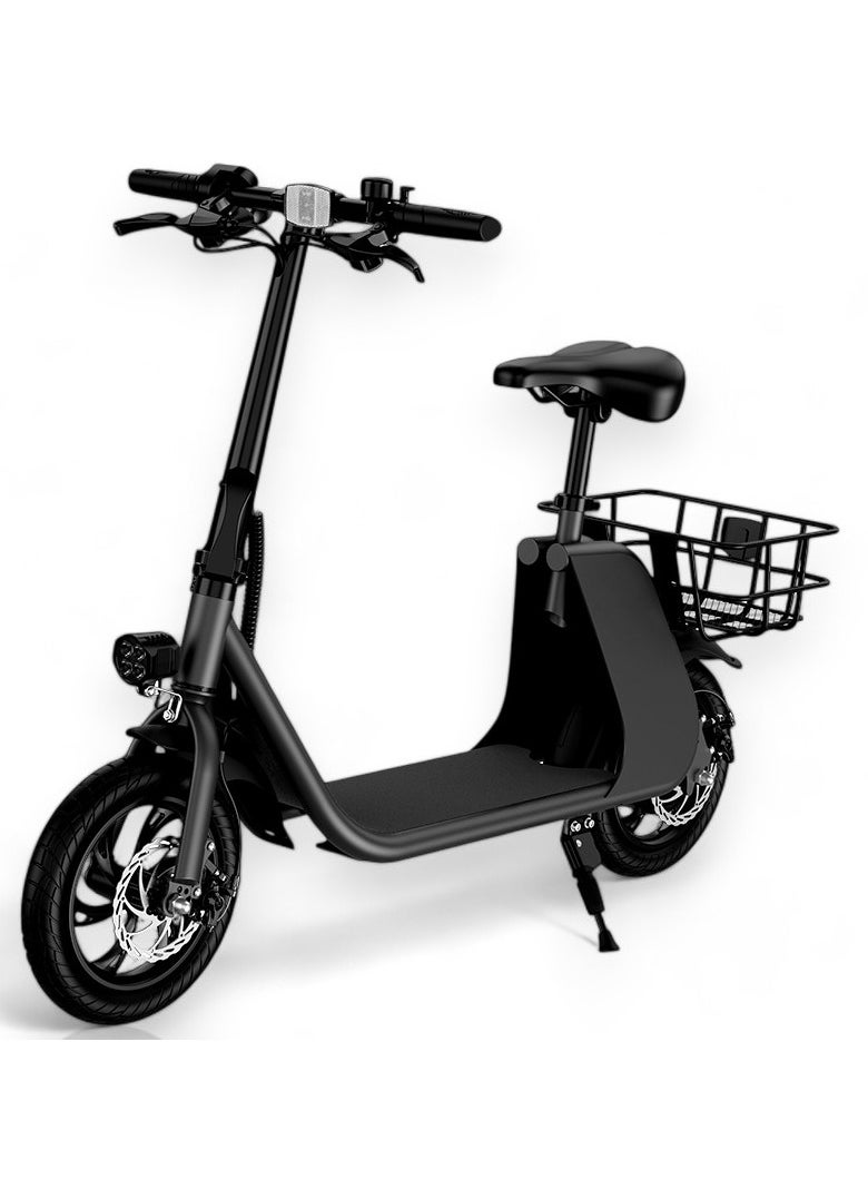 Premium Foldable Electric Scooter with Seat and Rear Basket, 450W Motor, 36V 8AH Battery, 25-35 KM/h Speed, Carbon Alloy Frame, 12.5 Inches Tires, Disk Brakes, Unisex Comfortable E-Scooter for Adults