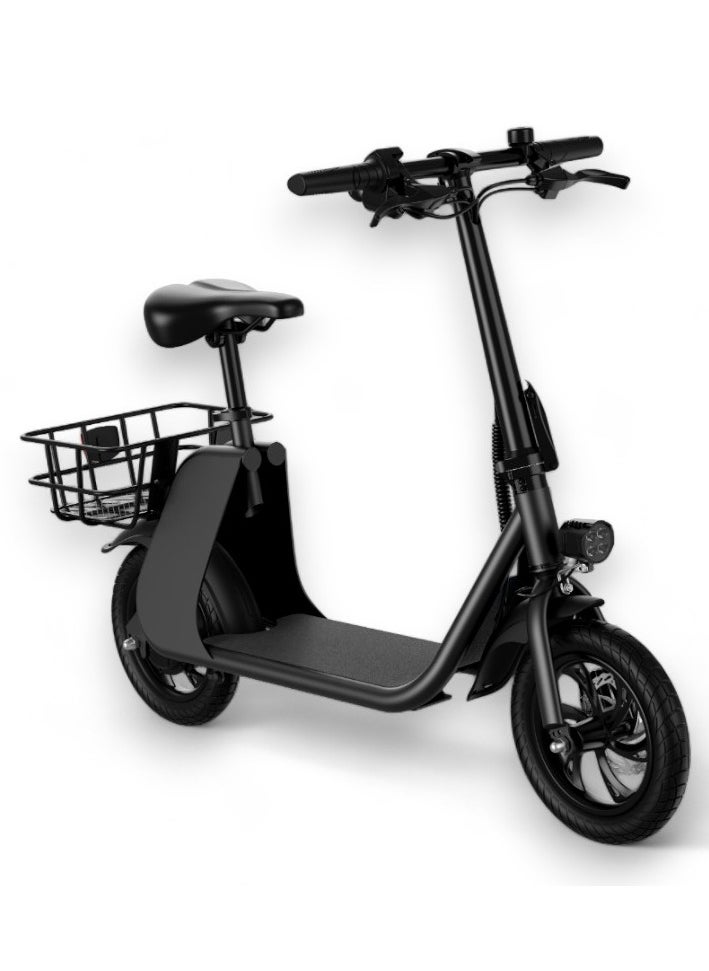 Premium Foldable Electric Scooter with Seat and Rear Basket, 450W Motor, 36V 8AH Battery, 25-35 KM/h Speed, Carbon Alloy Frame, 12.5 Inches Tires, Disk Brakes, Unisex Comfortable E-Scooter for Adults