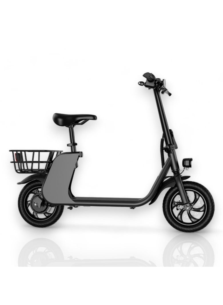 Premium Foldable Electric Scooter with Seat and Rear Basket, 450W Motor, 36V 8AH Battery, 25-35 KM/h Speed, Carbon Alloy Frame, 12.5 Inches Tires, Disk Brakes, Unisex Comfortable E-Scooter for Adults