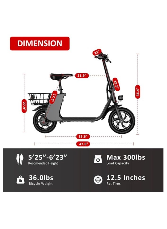 Premium Foldable Electric Scooter with Seat and Rear Basket, 450W Motor, 36V 8AH Battery, 25-35 KM/h Speed, Carbon Alloy Frame, 12.5 Inches Tires, Disk Brakes, Unisex Comfortable E-Scooter for Adults