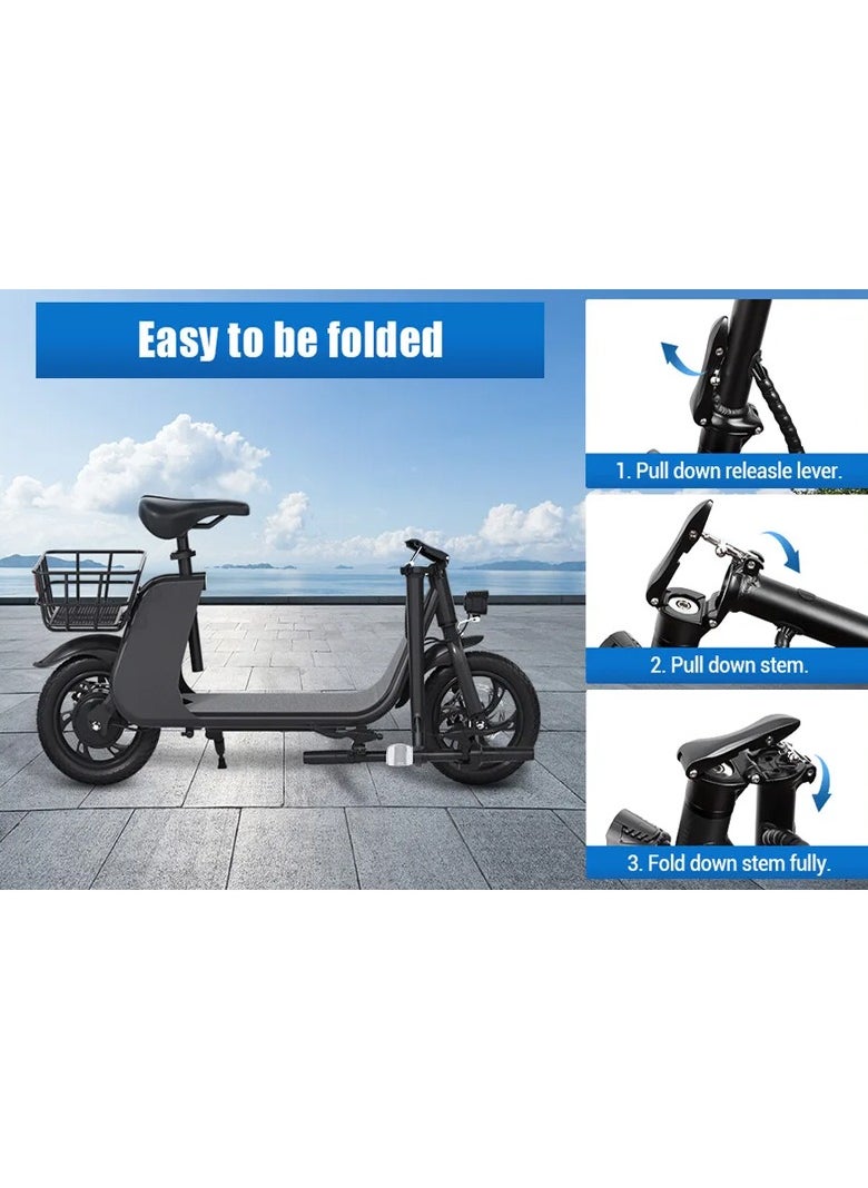 Premium Foldable Electric Scooter with Seat and Rear Basket, 450W Motor, 36V 8AH Battery, 25-35 KM/h Speed, Carbon Alloy Frame, 12.5 Inches Tires, Disk Brakes, Unisex Comfortable E-Scooter for Adults