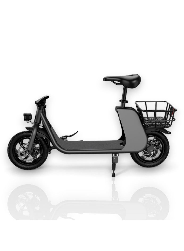 Adult Foldable Electric Bike E-Bike, 450W Brushless Hub Motor, 36V 8AH Battery, 25-35 KM/h Speed, Carbon Alloy Frame, Disk Brakes, 12.5” Tires, Rear Basket, Unisex E-Scooter with Seat