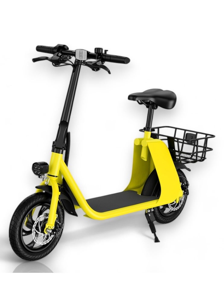 Adult Foldable Electric Bike E-Bike, 450W Brushless Hub Motor, 36V 8AH Battery, 25-35 KM/h Speed, Carbon Alloy Frame, Disk Brakes, 12.5” Tires, Rear Basket, Unisex E-Scooter with Seat