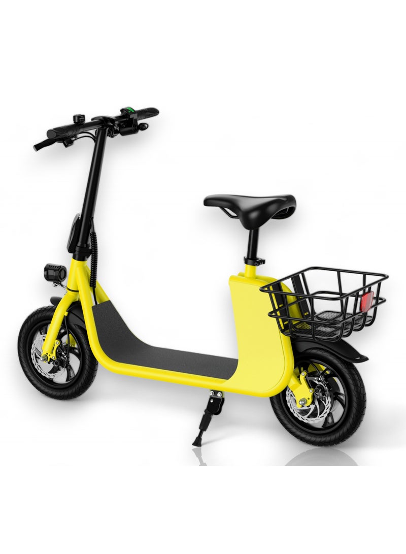 Adult Foldable Electric Bike E-Bike, 450W Brushless Hub Motor, 36V 8AH Battery, 25-35 KM/h Speed, Carbon Alloy Frame, Disk Brakes, 12.5” Tires, Rear Basket, Unisex E-Scooter with Seat