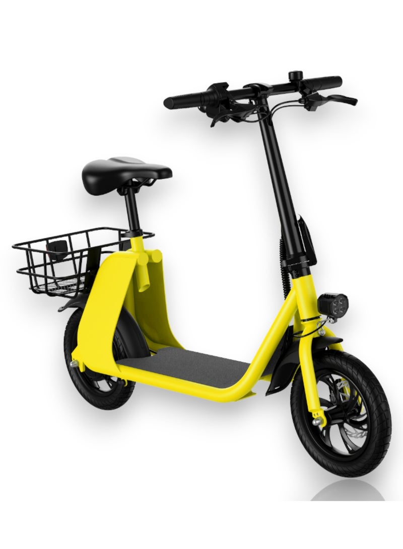 Adult Foldable Electric Bike E-Bike, 450W Brushless Hub Motor, 36V 8AH Battery, 25-35 KM/h Speed, Carbon Alloy Frame, Disk Brakes, 12.5” Tires, Rear Basket, Unisex E-Scooter with Seat