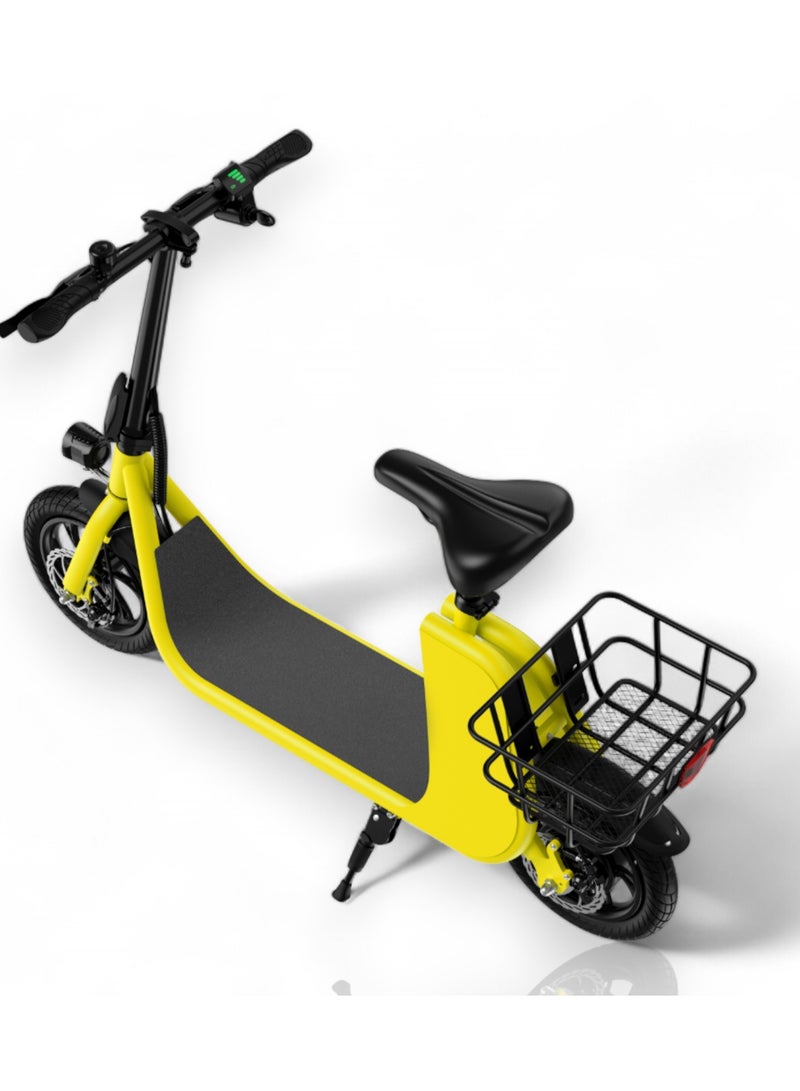 Adult Foldable Electric Bike E-Bike, 450W Brushless Hub Motor, 36V 8AH Battery, 25-35 KM/h Speed, Carbon Alloy Frame, Disk Brakes, 12.5” Tires, Rear Basket, Unisex E-Scooter with Seat