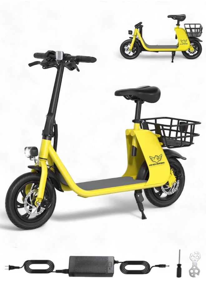 Premium Foldable Electric Scooter with Seat and Rear Basket, 450W Motor, 36V 8AH Battery, 25-35 KM/h Speed, Carbon Alloy Frame, 12.5 Inches Tires, Disk Brakes, Unisex Comfortable E-Scooter for Adults