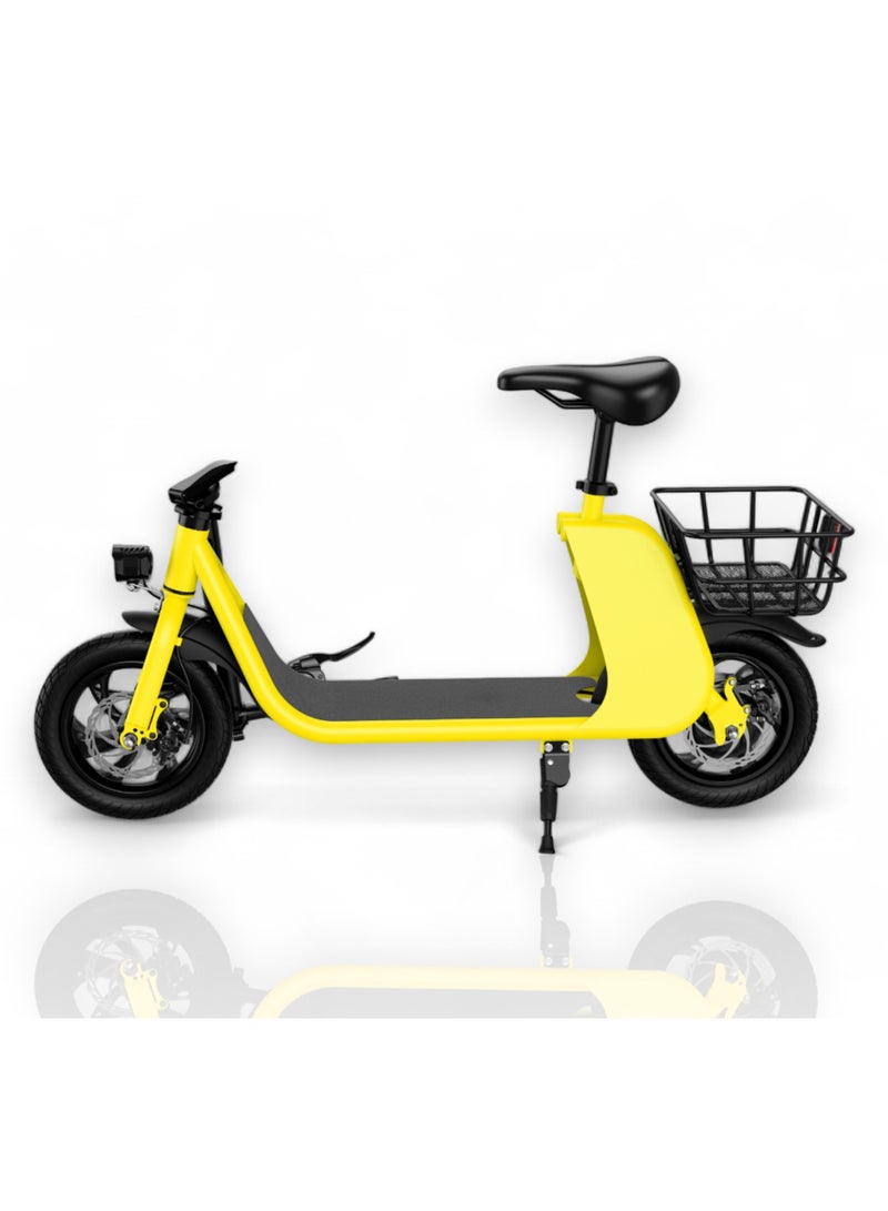 Adult Foldable Electric Bike E-Bike, 450W Brushless Hub Motor, 36V 8AH Battery, 25-35 KM/h Speed, Carbon Alloy Frame, Disk Brakes, 12.5” Tires, Rear Basket, Unisex E-Scooter with Seat