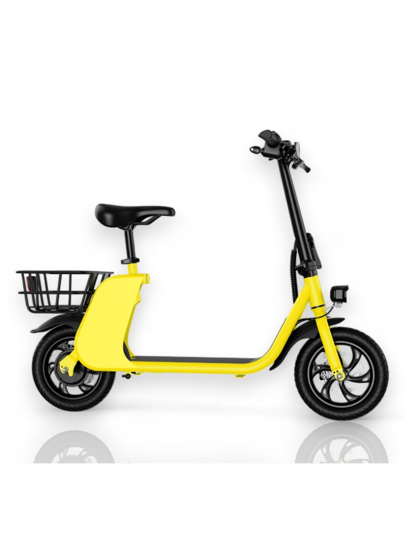 Adult Foldable Electric Bike E-Bike, 450W Brushless Hub Motor, 36V 8AH Battery, 25-35 KM/h Speed, Carbon Alloy Frame, Disk Brakes, 12.5” Tires, Rear Basket, Unisex E-Scooter with Seat