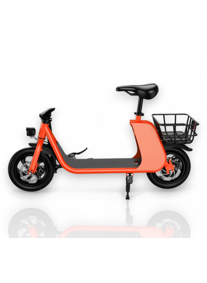 Adult Foldable Electric Bike E-Bike, 450W Brushless Hub Motor, 36V 8AH Battery, 25-35 KM/h Speed, Carbon Alloy Frame, Disk Brakes, 12.5” Tires, Rear Basket, Unisex E-Scooter with Seat