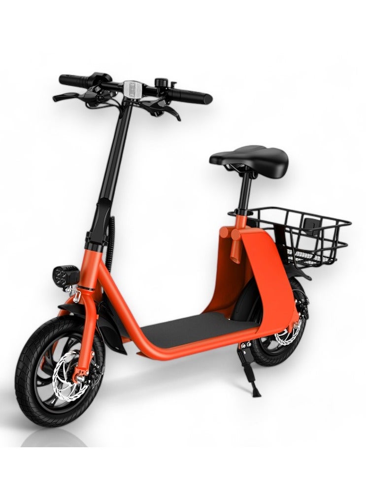 Adult Foldable Electric Bike E-Bike, 450W Brushless Hub Motor, 36V 8AH Battery, 25-35 KM/h Speed, Carbon Alloy Frame, Disk Brakes, 12.5” Tires, Rear Basket, Unisex E-Scooter with Seat