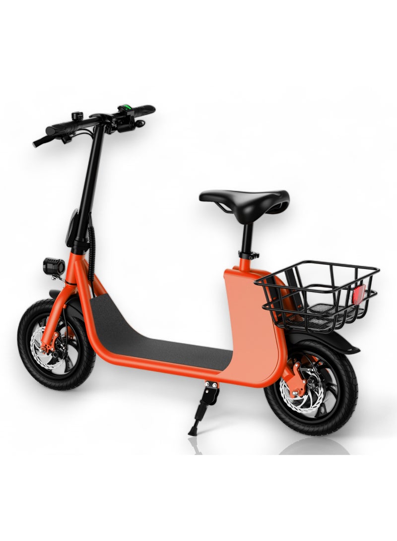 Adult Foldable Electric Bike E-Bike, 450W Brushless Hub Motor, 36V 8AH Battery, 25-35 KM/h Speed, Carbon Alloy Frame, Disk Brakes, 12.5” Tires, Rear Basket, Unisex E-Scooter with Seat