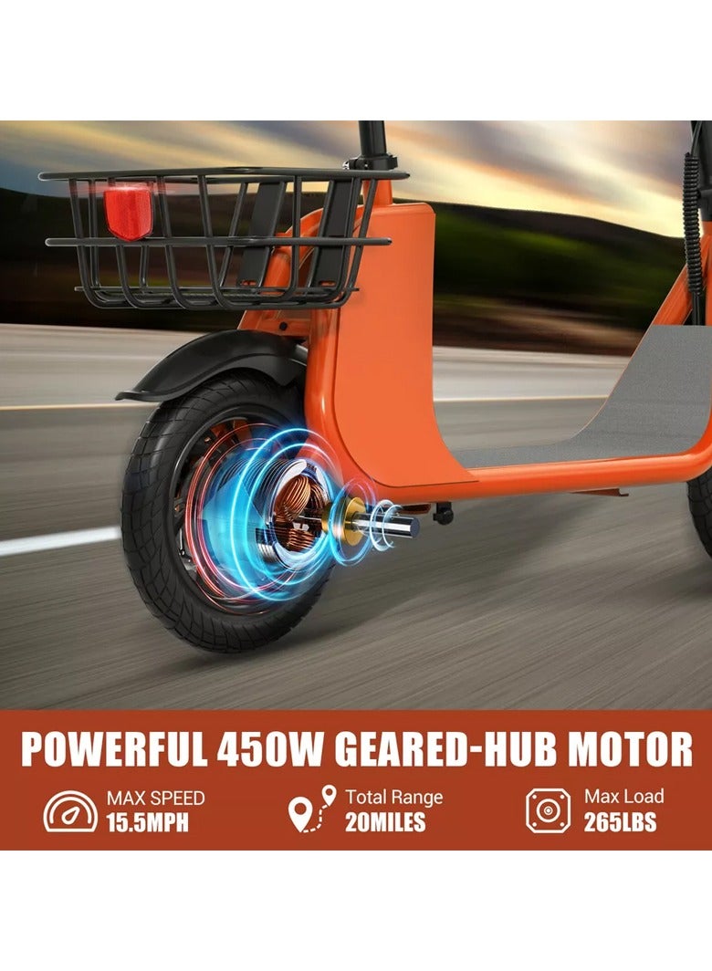 Adult Foldable Electric Bike E-Bike, 450W Brushless Hub Motor, 36V 8AH Battery, 25-35 KM/h Speed, Carbon Alloy Frame, Disk Brakes, 12.5” Tires, Rear Basket, Unisex E-Scooter with Seat