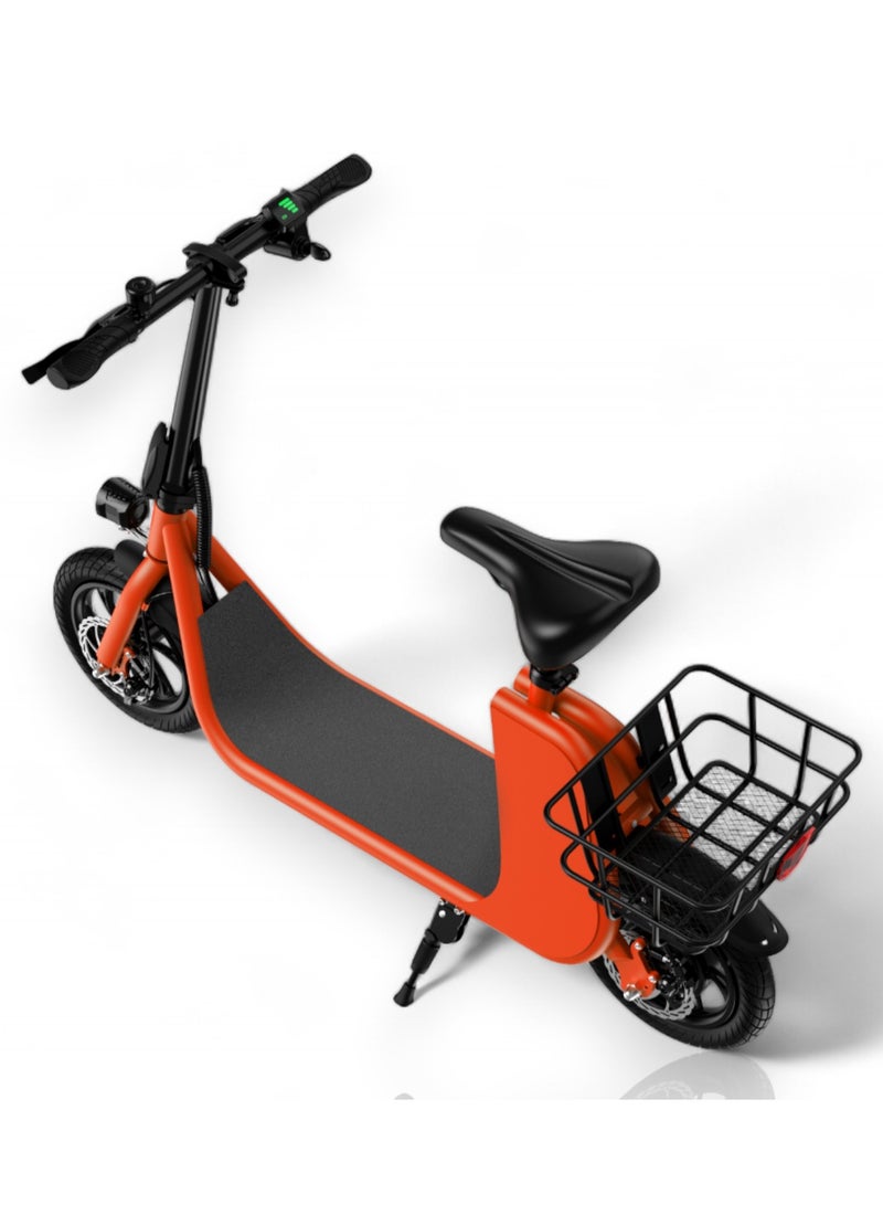 Adult Foldable Electric Bike E-Bike, 450W Brushless Hub Motor, 36V 8AH Battery, 25-35 KM/h Speed, Carbon Alloy Frame, Disk Brakes, 12.5” Tires, Rear Basket, Unisex E-Scooter with Seat