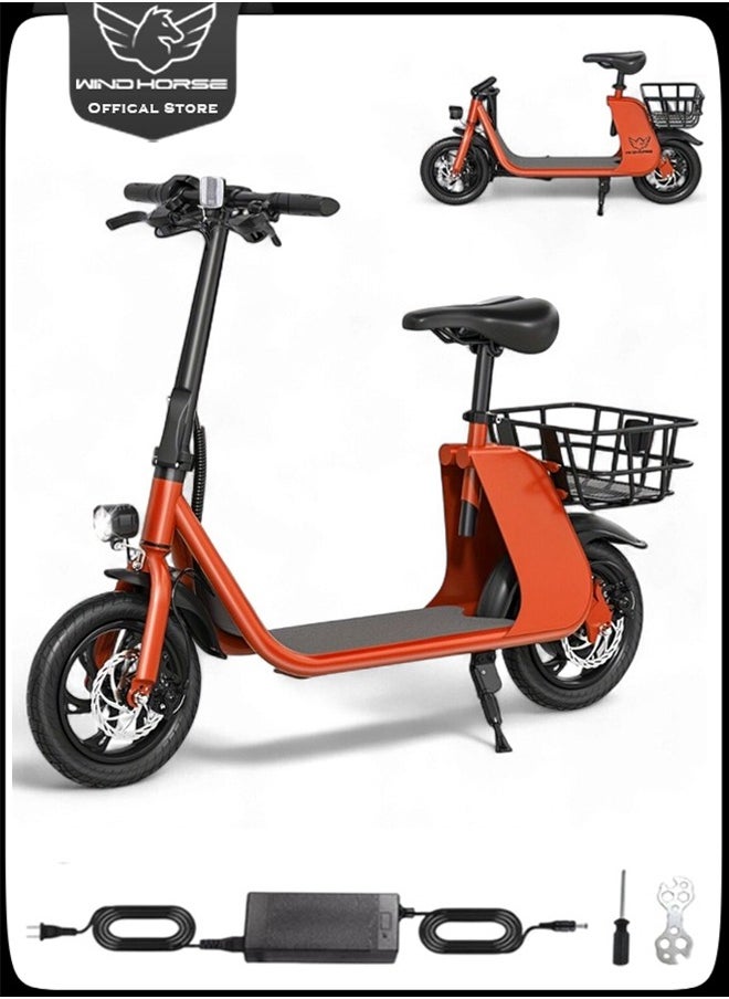 Premium Foldable Electric Scooter with Seat and Rear Basket, 450W Motor, 36V 8AH Battery, 25-35 KM/h Speed, Carbon Alloy Frame, 12.5 Inches Tires, Disk Brakes, Unisex Comfortable E-Scooter for Adults