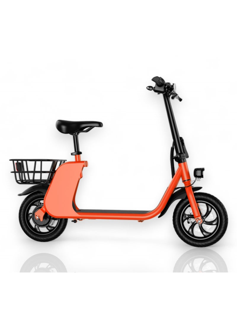 Adult Foldable Electric Bike E-Bike, 450W Brushless Hub Motor, 36V 8AH Battery, 25-35 KM/h Speed, Carbon Alloy Frame, Disk Brakes, 12.5” Tires, Rear Basket, Unisex E-Scooter with Seat