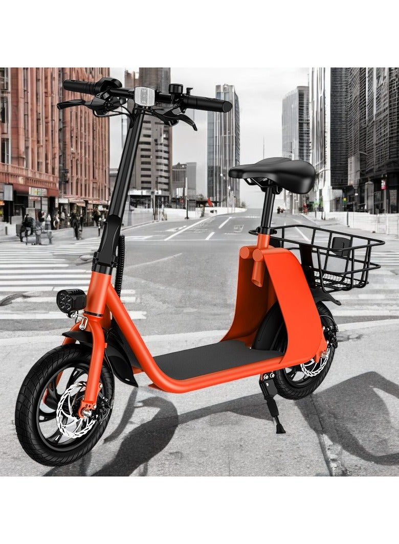 Adult Foldable Electric Bike E-Bike, 450W Brushless Hub Motor, 36V 8AH Battery, 25-35 KM/h Speed, Carbon Alloy Frame, Disk Brakes, 12.5” Tires, Rear Basket, Unisex E-Scooter with Seat