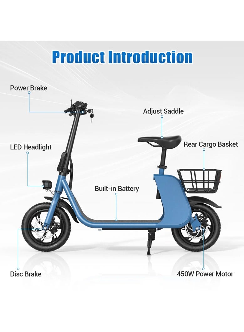 Adult Foldable Electric Bike E-Bike, 450W Brushless Hub Motor, 36V 8AH Battery, 25-35 KM/h Speed, Carbon Alloy Frame, Disk Brakes, 12.5” Tires, Rear Basket, Unisex E-Scooter with Seat