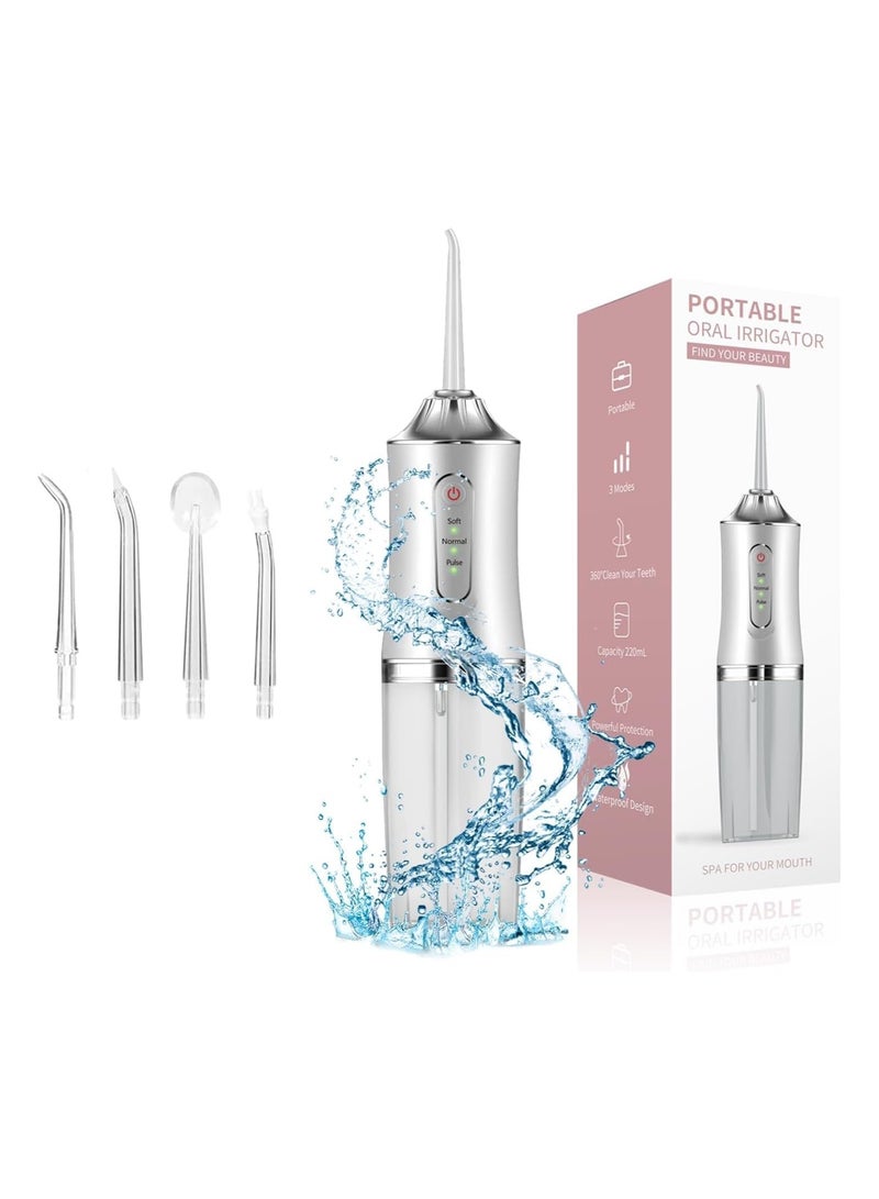 Water Dental Flosser Oral Irrigator with 3 Modes Cordless Water Teeth Cleaner Pick 4 Tips, IPX7 Waterproof Rechargeable Portable Powerful Battery for Travel & Home Braces & Bridges Care