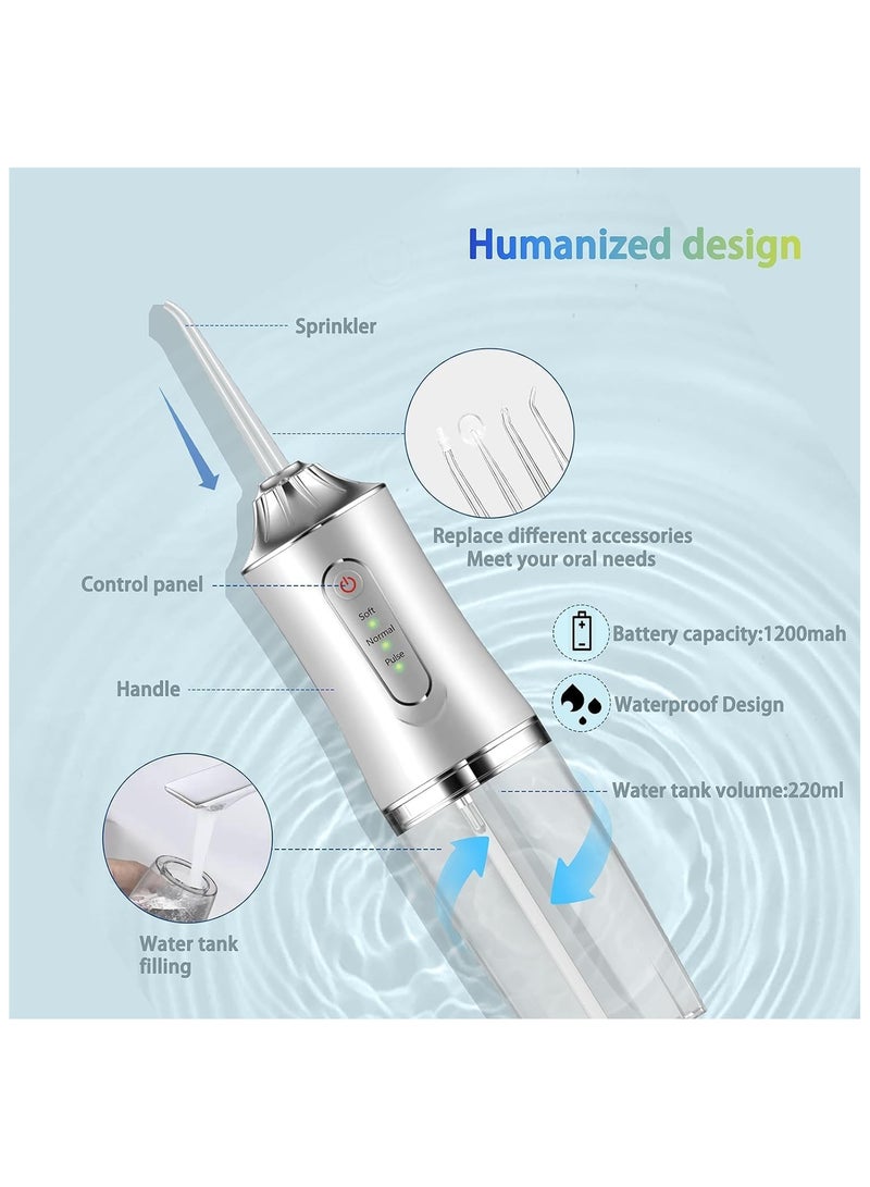 Water Dental Flosser Oral Irrigator with 3 Modes Cordless Water Teeth Cleaner Pick 4 Tips, IPX7 Waterproof Rechargeable Portable Powerful Battery for Travel & Home Braces & Bridges Care