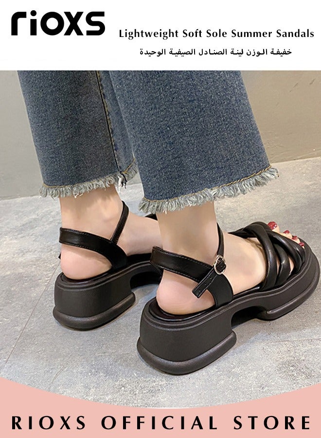 Women's Fashion Ankle Strap Platform Black Sandals Non-Slip Round Open Round Toe Shoes Lightweight Soft Sole Summer Sandals