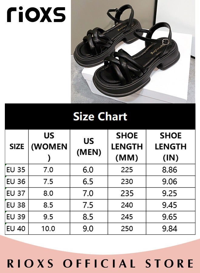 Women's Fashion Ankle Strap Platform Black Sandals Non-Slip Round Open Round Toe Shoes Lightweight Soft Sole Summer Sandals