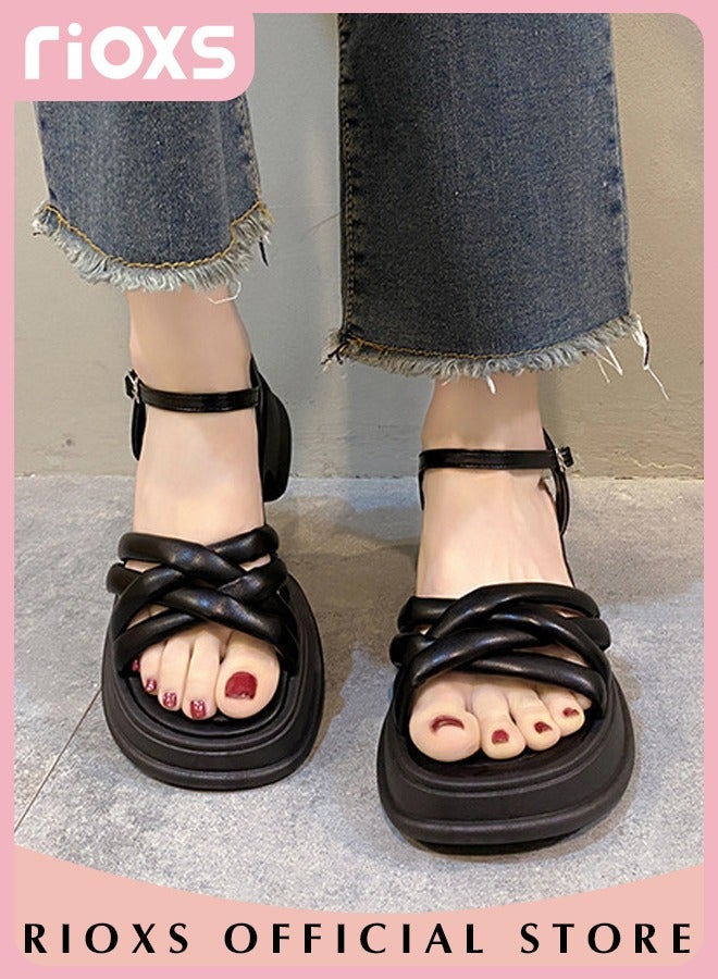 Women's Fashion Ankle Strap Platform Black Sandals Non-Slip Round Open Round Toe Shoes Lightweight Soft Sole Summer Sandals