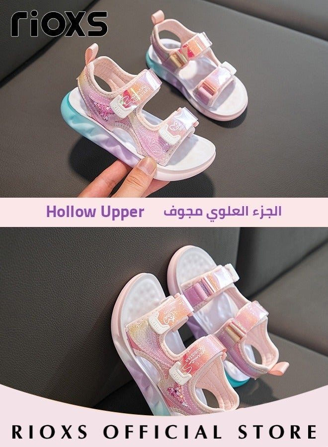 Kids Girls Fashion Open Toes Sandals Girls Flutter Hearts Sandals Soft Sole Velcro Waterproof Sandals for Outdoor or Indoor