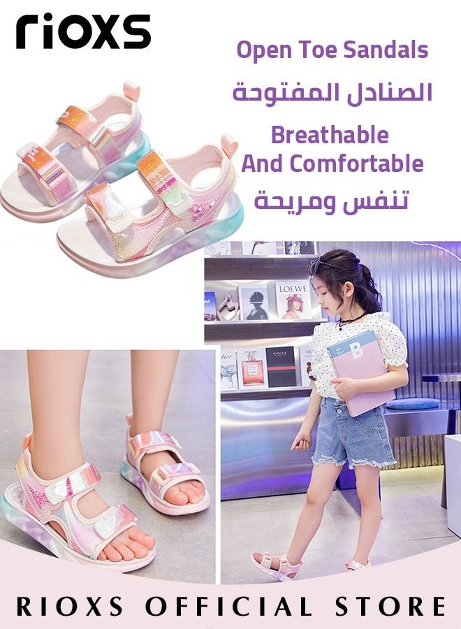 Kids Girls Fashion Open Toes Sandals Girls Flutter Hearts Sandals Soft Sole Velcro Waterproof Sandals for Outdoor or Indoor