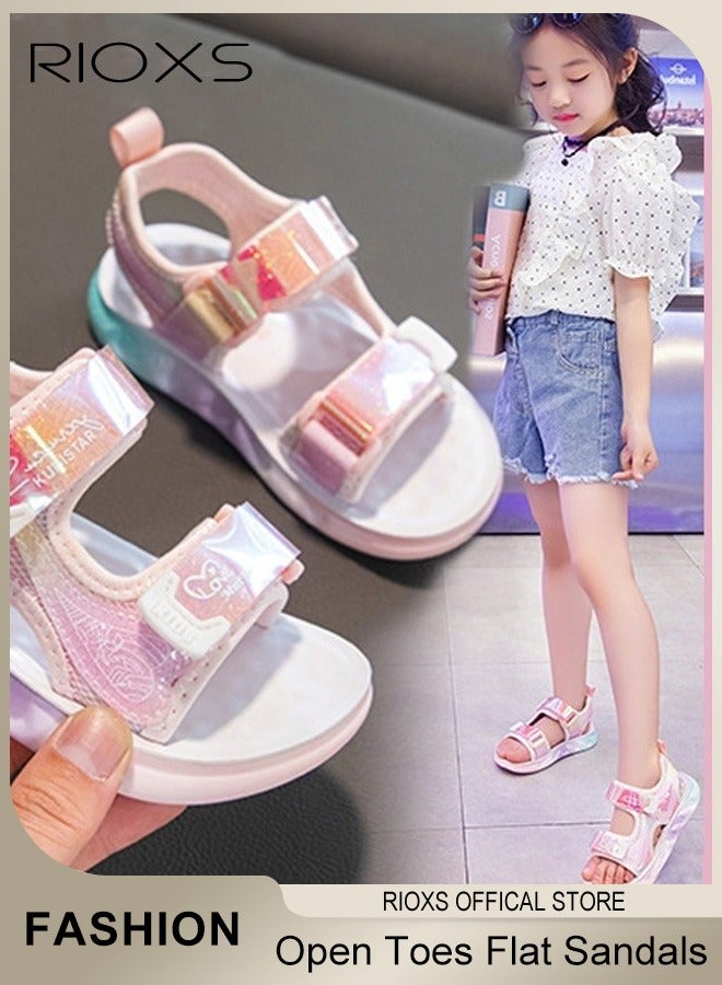 Kids Girls Fashion Open Toes Sandals Girls Flutter Hearts Sandals Soft Sole Velcro Waterproof Sandals for Outdoor or Indoor