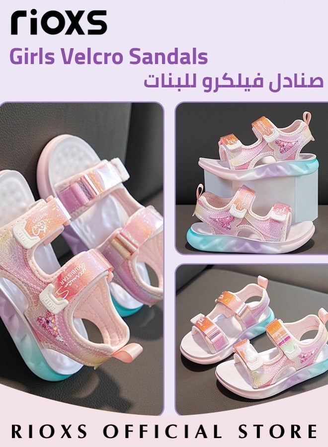 Kids Girls Fashion Open Toes Sandals Girls Flutter Hearts Sandals Soft Sole Velcro Waterproof Sandals for Outdoor or Indoor