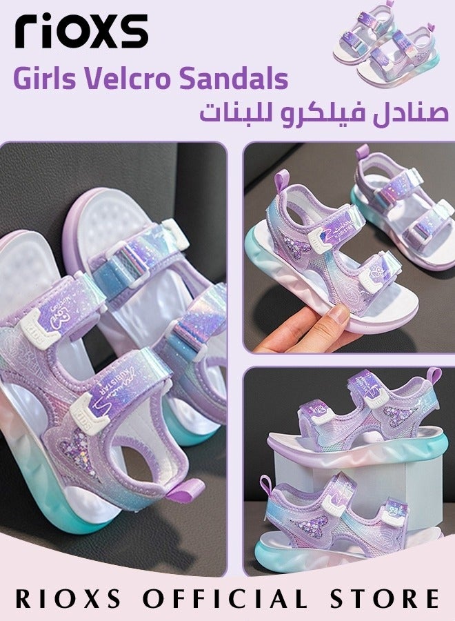 Kids Girls Fashion Open Toes Sandals Girls Flutter Hearts Sandals Soft Sole Velcro Waterproof Sandals for Outdoor or Indoor