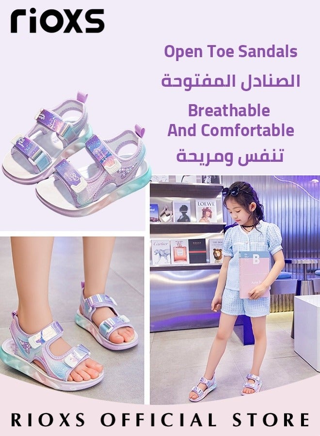 Kids Girls Fashion Open Toes Sandals Girls Flutter Hearts Sandals Soft Sole Velcro Waterproof Sandals for Outdoor or Indoor