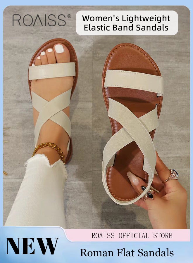 Flat Roman Sandals for Women Open Toe Lightweight Elastic Band Sandals Women's Plus Size Slip On Comfortable Casual and Stylish Outdoor Beach Slippers