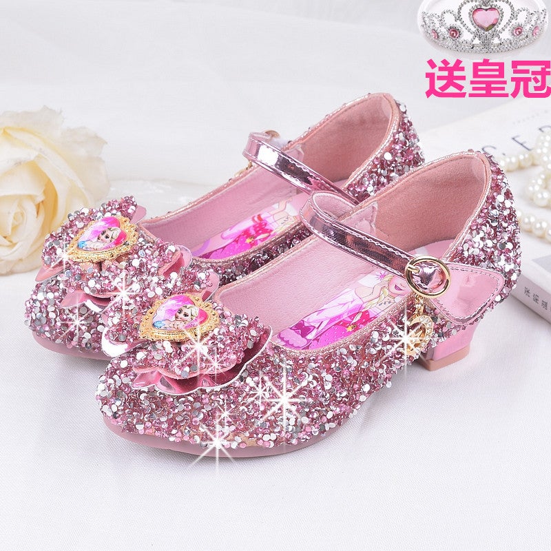 Girls High Heel Rhinestone Bow Frozen Princess Shine ShoesPink Pink