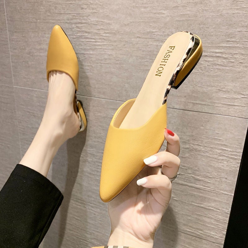 Baotou Half Slippers Womens Outer Wear 2024 New Summer Fashionable Pointed Low Heel French Half Slippers Sandals Mueller ShoesYellow Yellow