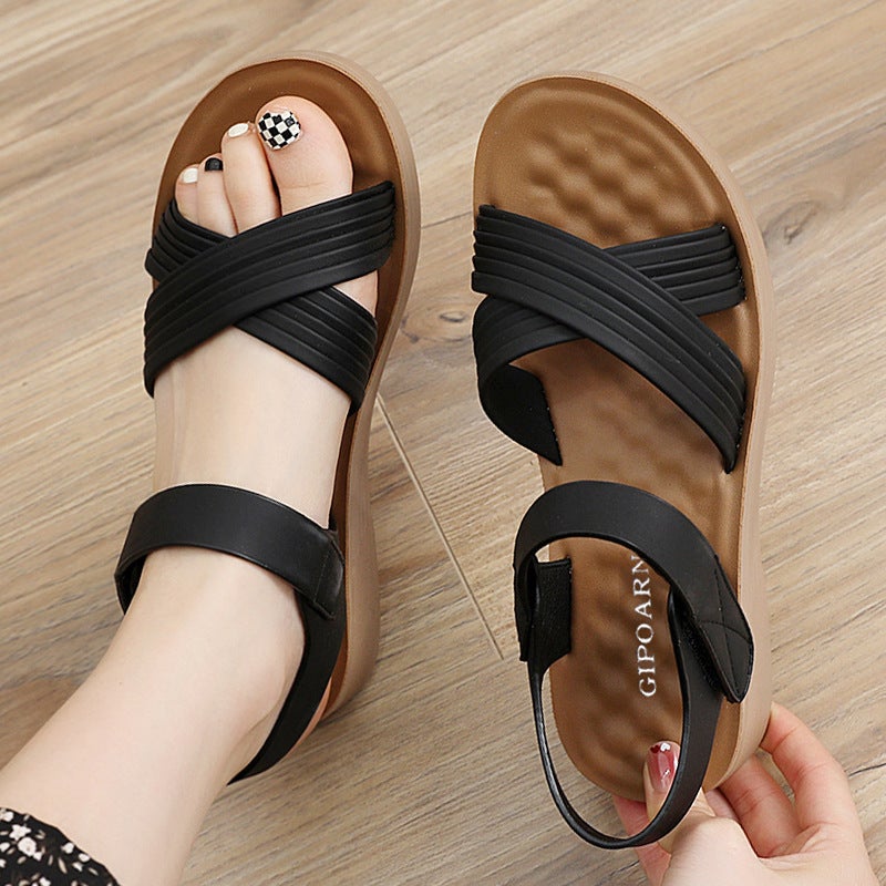 Mom Sandals 2023 New Summer Flat Womens Shoes Middle-aged Wedge Mid-heel Womens Summer All-match Comfortable Thick SoleBlack Black