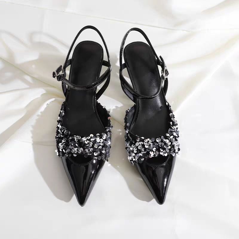 2024 Summer Fairy-Style Silver Sequin Stiletto SandalsBlack Black