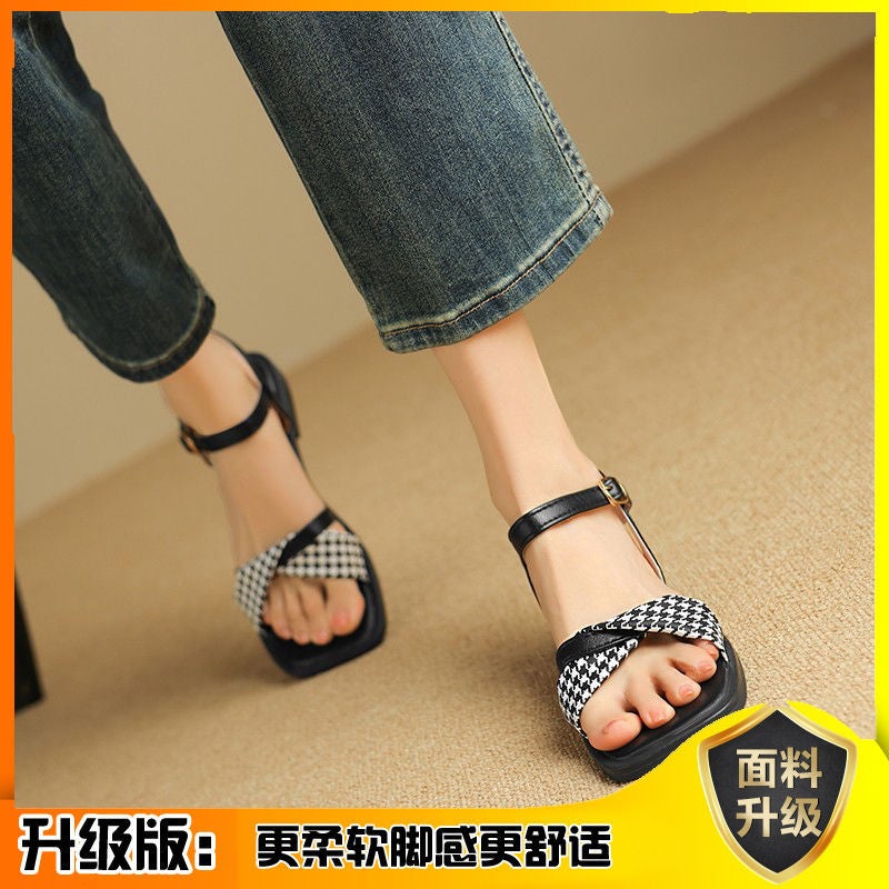 French 2024 New Style One-character Buckle Strap Retro Houndstooth Open Toe Sandals Womens Summer Hollow Thick Heel Roman ShoesBlack Upgrade Black Upgrade