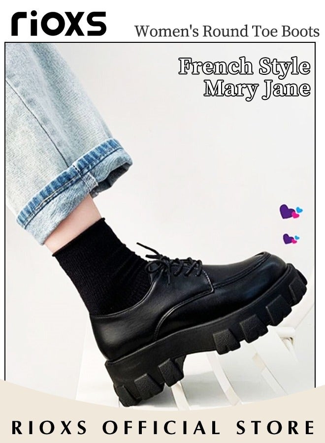 Women's Girls Casual Leather Chunky Platform Loafers Classic Round Toe Lace-up Penny Shoes for Women to Daily Wearing for School or Work