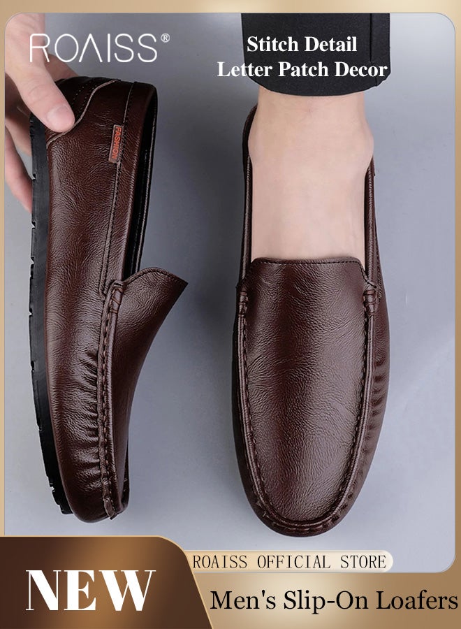 Letter Patch Decor Slip-On Loafers Shoes for Men Casual Driving Shoes with Soft Anti Slip Bottom Round Toe Comfortable Leather Shoes with Stitch Detail