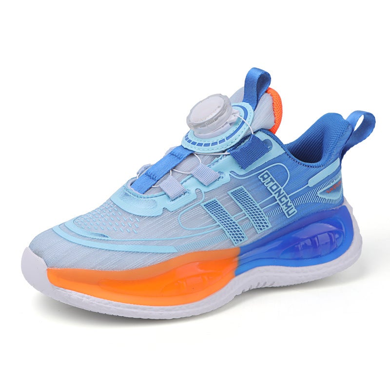 Mesh childrens rotating buckle sneaker shoes 2024 wholesale mens and womens new running breathable spring childrens foreign trade luminousBlue Blue