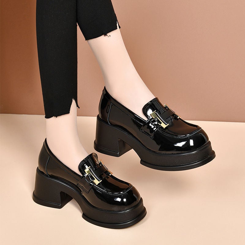 Chunky Heel Loafers 2024 Spring Summer Petite Elevating Slip-on Womenbright black leather bright black leather