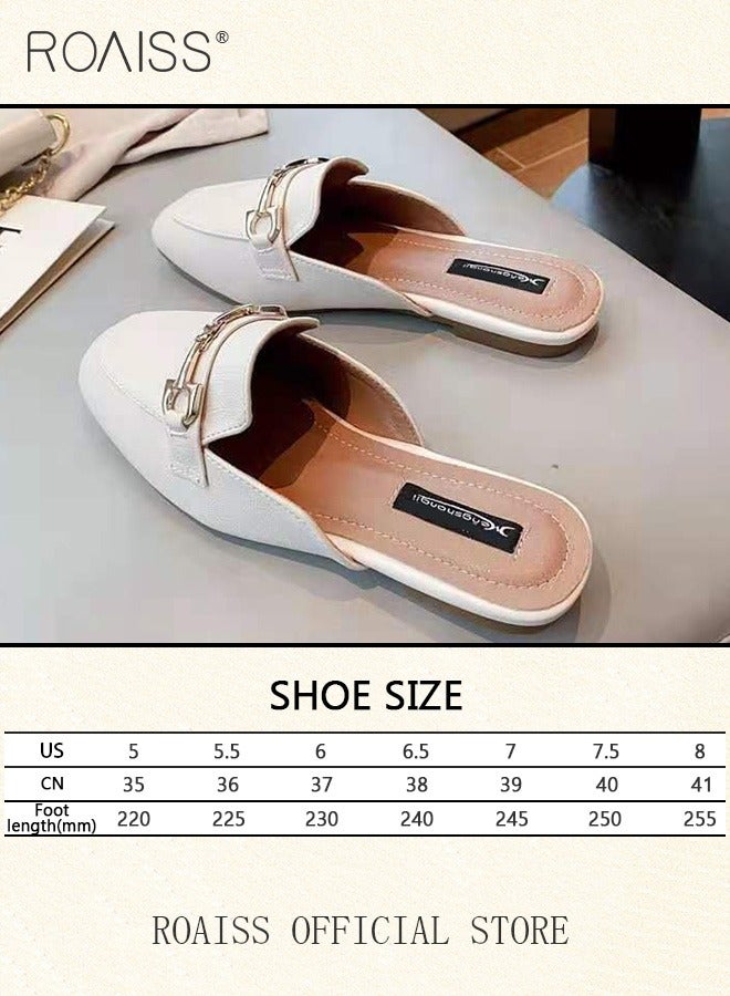 Knot Buckle Decor Square Toe Mule Flats for Women Comfortable Toe Cap Backless Out Wear Half Slippers Ladies Elegant Slip-on Loafers