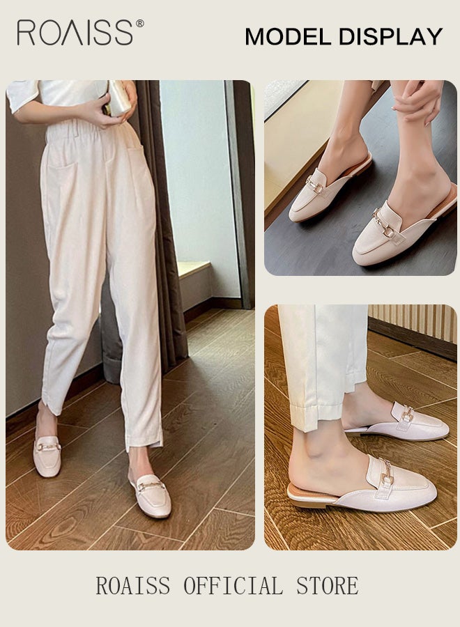 Knot Buckle Decor Square Toe Mule Flats for Women Comfortable Toe Cap Backless Out Wear Half Slippers Ladies Elegant Slip-on Loafers