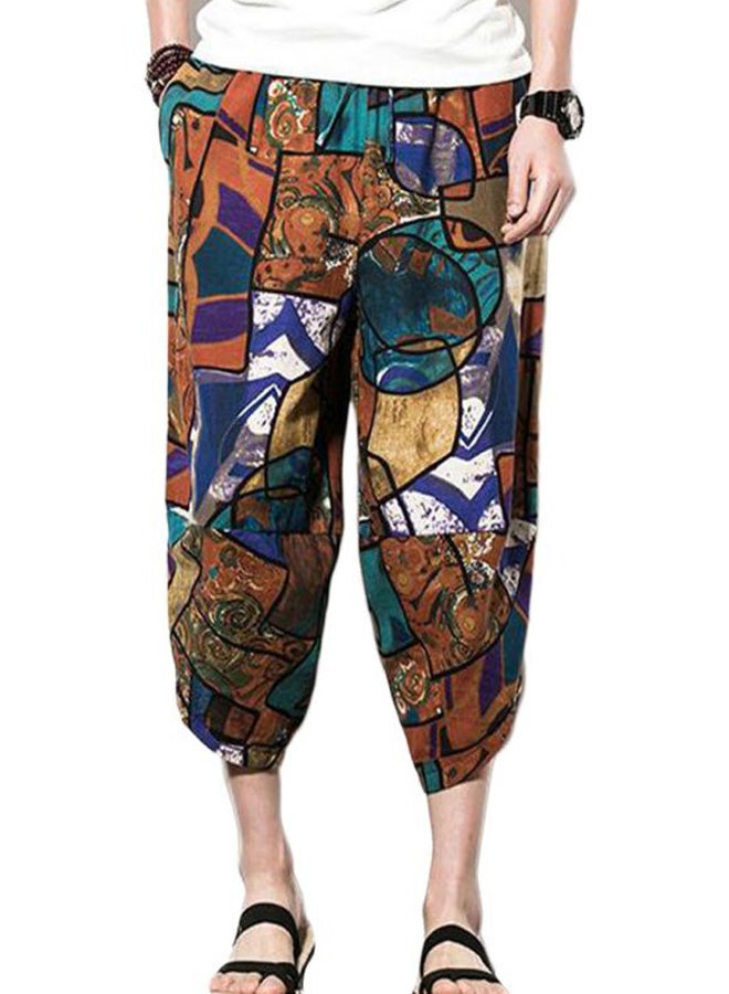 Printed Loose Trousers Dark Brown/Blue/White