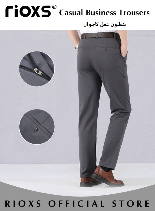 Men's Classic Fit Pants, Trendy Straight Leg Pants, Casual Business Trousers with Pockets, Comfortable Stylish Solid Trousers, Suitable for Leisure and Outdoor Activities